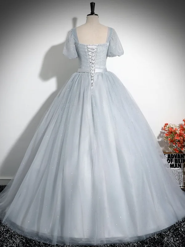 Elegante Grau Pailletten Schleife Stoffgürtel Ballkleider 2025 Ballkleid Eckiger Ausschnitt Geschwollenes Kurze Ärmel Rückenfreies Lange Festliche Kleider