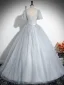 Elegante Grau Pailletten Schleife Stoffgürtel Ballkleider 2025 Ballkleid Eckiger Ausschnitt Geschwollenes Kurze Ärmel Rückenfreies Lange Festliche Kleider