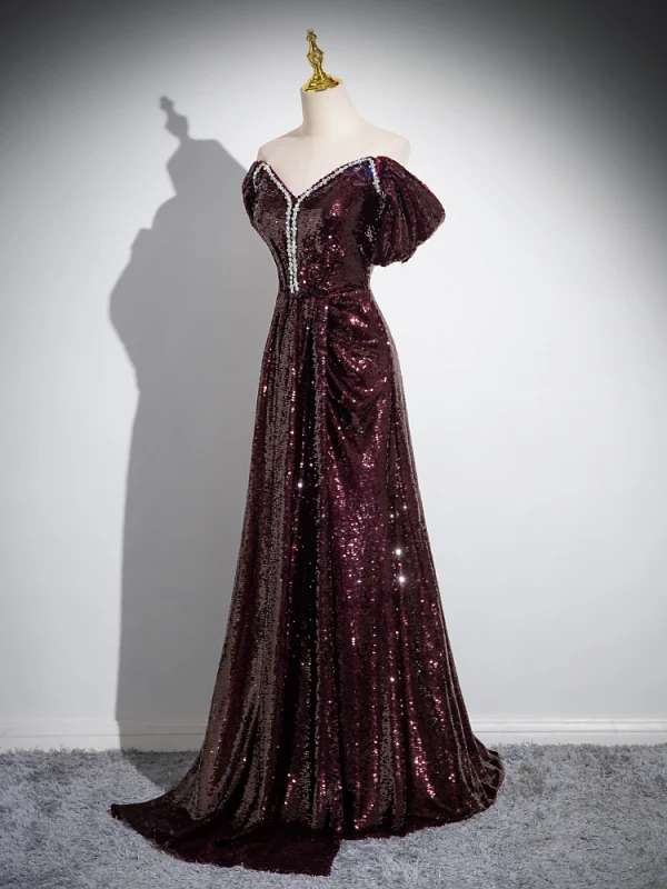 Sparkly Vintage / Retro Burgundy Beading Sequins Prom Dresses 2024 A-Line / Princess Off-The-Shoulder Short Sleeve Backless Floor-Length / Long Prom Formal Dresses