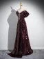 Sparkly Vintage / Retro Burgundy Beading Sequins Prom Dresses 2024 A-Line / Princess Off-The-Shoulder Short Sleeve Backless Floor-Length / Long Prom Formal Dresses