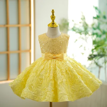 Lovely Yellow Beading Pearl Sequins Short Birthday Flower Girl Dresses 2023 Scoop Neck Ball Gown Sleeveless Backless Bow