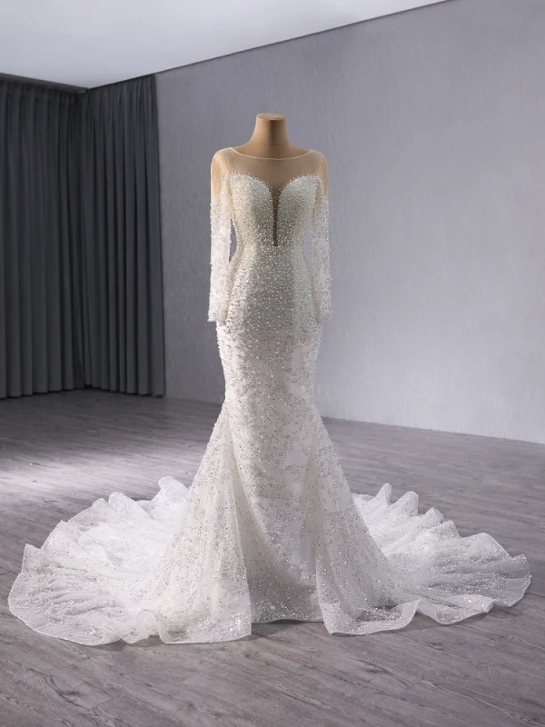 Haut de Gamme Blanche Fait main Perle Paillettes Robe De Mariée 2024 Trompette / Sirène Encolure Dégagée Manches Longues Dos Nu Train De Balayage Mariage