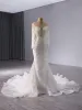 High-end White Handmade  Pearl Sequins Wedding Dresses 2024 Trumpet / Mermaid Scoop Neck Long Sleeve Backless Sweep Train Wedding