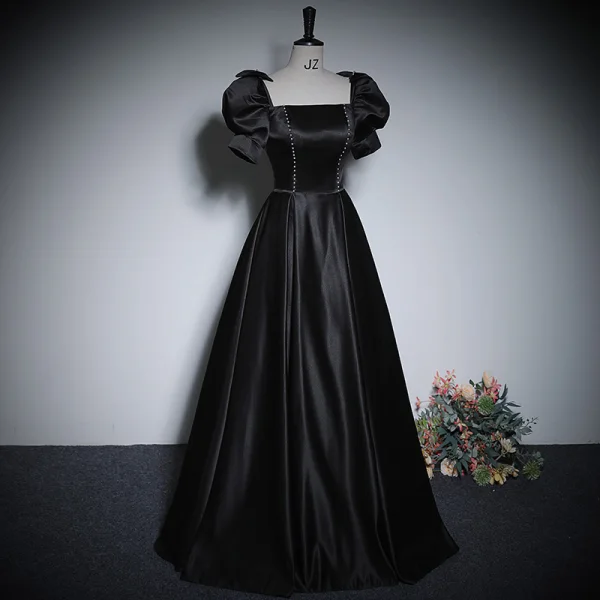 Vintage / Retro Black Pearl Satin Evening Dresses 2023 A-Line / Princess Square Neckline Puffy Short Sleeve Backless Floor-Length / Long Prom Formal Dresses