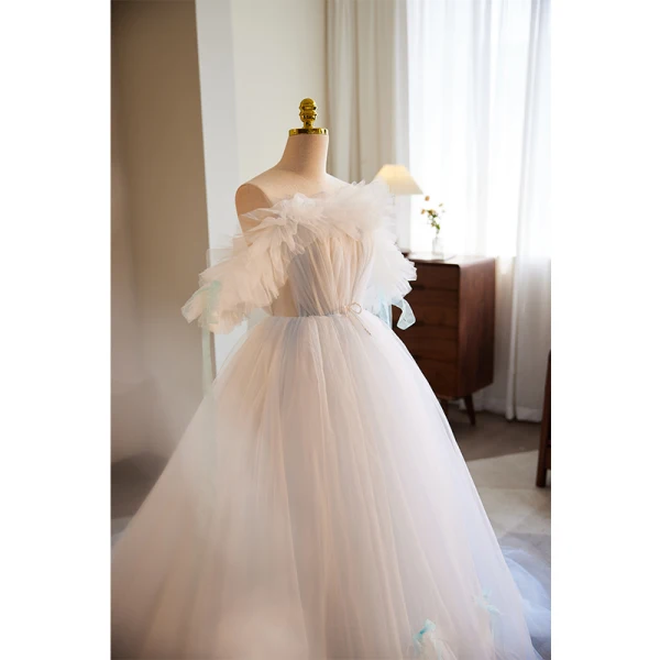 Simple Blanche Perle Noeud Robe De Mariée 2023 Princesse De l'épaule Sans Manches Dos Nu Train De Balayage Mariage