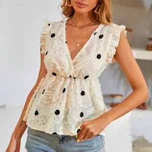 Fabulous Casual Ruffle Beige Women Polka Dot Blouses 2021 Regular V Neck Summer Sleeveless Tops