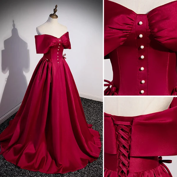 Chic / Beautiful Burgundy Satin Prom Dresses 2022 A-Line / Princess Off-The-Shoulder Bow Short Sleeve Backless Pearl Floor-Length / Long Prom Formal Dresses
