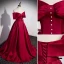 Chic / Beautiful Burgundy Satin Prom Dresses 2022 A-Line / Princess Off-The-Shoulder Bow Short Sleeve Backless Pearl Floor-Length / Long Prom Formal Dresses