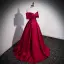 Chic / Beautiful Burgundy Satin Prom Dresses 2022 A-Line / Princess Off-The-Shoulder Bow Short Sleeve Backless Pearl Floor-Length / Long Prom Formal Dresses