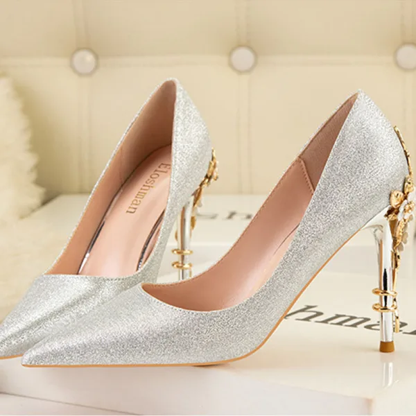 Fashion Sky Blue Wedding Shoes 2022 Rhinestone Sequins Metal Flower 10 cm Stiletto Heels Pointed Toe Wedding Shoes High Heels
