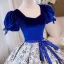 Élégant Bleu Roi Floral Robe De Bal 2023 Robe Boule Encolure Carrée Gonflée Manches Courtes Noeud Ceinture Dos Nu Longue Promo Robe De Ceremonie