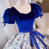 Elegant Royal Blue Floral Prom Dresses 2023 Ball Gown Square Neckline Puffy Short Sleeve Bow Sash Backless Floor-Length / Long Prom Formal Dresses