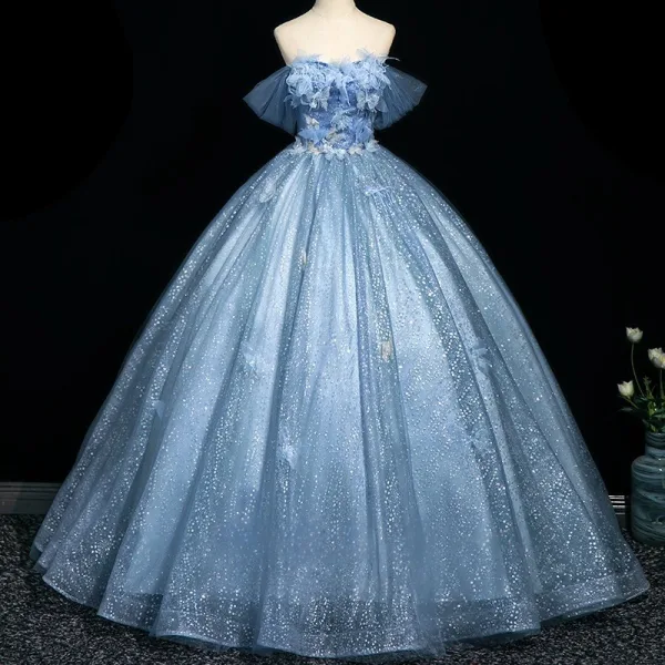 Charmant Bleu Ciel Glitter Paillettes Appliques Robe De Bal 2025 Princesse De l'épaule Manches Courtes Dos Nu Longue Robe De Ceremonie