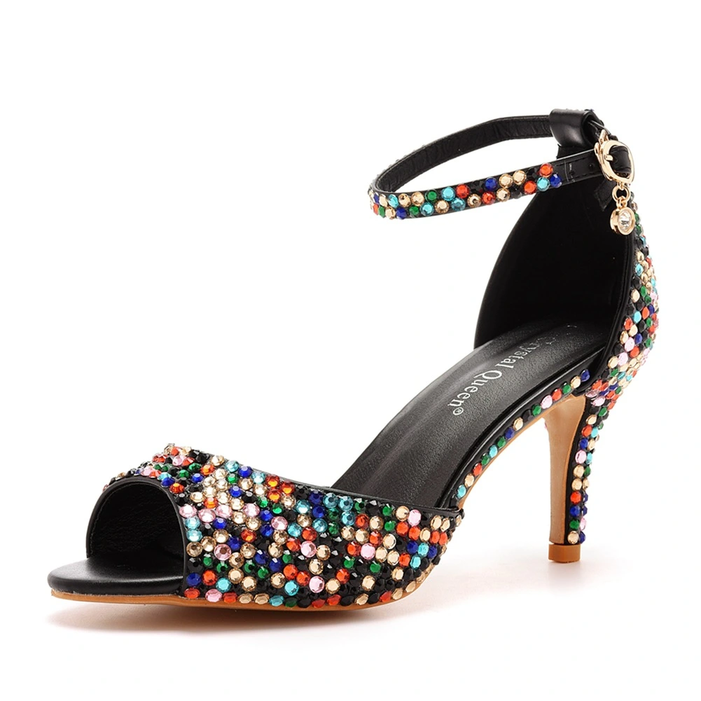 Sexy Black Multi Colors Rhinestone Cocktail Party Womens Sandals 2023 Ankle Strap 7 cm Stiletto Heels Open Peep Toe Sandals High Heels
