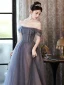 Charming Grey Beading Prom Dresses 2024 A-Line / Princess Off-The-Shoulder Sleeveless Backless Floor-Length / Long Prom Formal Dresses