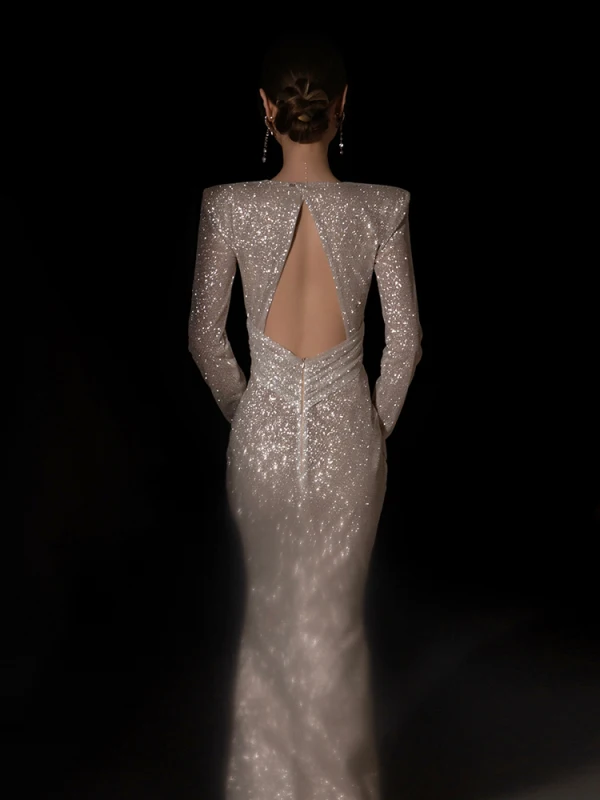 Sexy Glitzernden Champagner Pailletten Gespaltete Front Abendkleider 2024 Meerjungfrau Tiefer V-Ausschnitt Lange Ärmel Rückenfreies Lange Abend Festliche Kleider