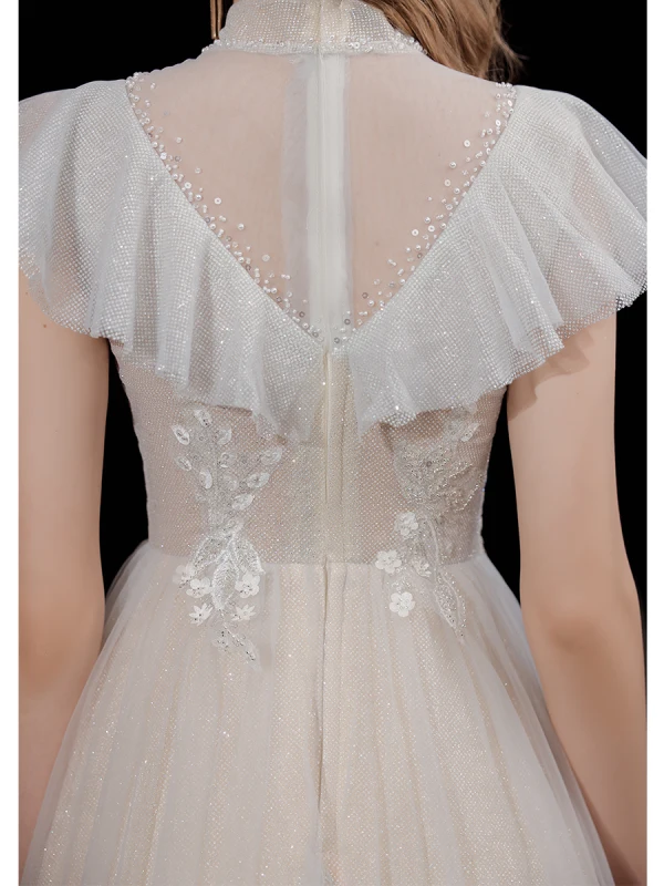 Chic / Beautiful Champagne Beading Sequins Prom Dresses 2022 A-Line / Princess High Neck Short Sleeve Backless Floor-Length / Long Prom Formal Dresses