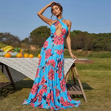 Bohemia Summer Beach Holiday Pool Blue Printing Maxi Dresses 2022 A Line Princess High Neck Sleeveless Backless Sweep Train Women Dresses