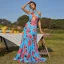 Bohemia Summer Beach Holiday Pool Blue Printing Maxi Dresses 2022 A-Line / Princess High Neck Sleeveless Backless Sweep Train Women Dresses