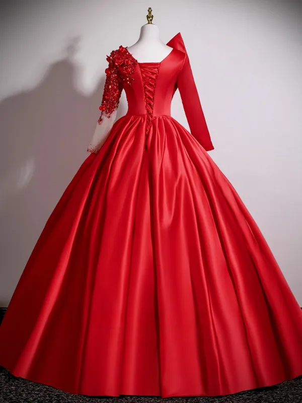 Elegant Red Appliques Beading Sequins Prom Dresses 2025 Ball Gown Scoop Neck Long Sleeve Backless Floor-Length / Long Formal Dresses