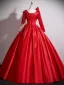 Elegant Red Appliques Beading Sequins Prom Dresses 2025 Ball Gown Scoop Neck Long Sleeve Backless Floor-Length / Long Formal Dresses