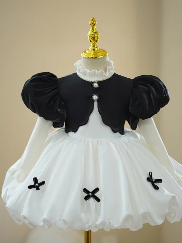 Fashion Black Pearl Bow Short Birthday Flower Girl Dresses Ball Gown 2023 High Neck Puffy Short Sleeve