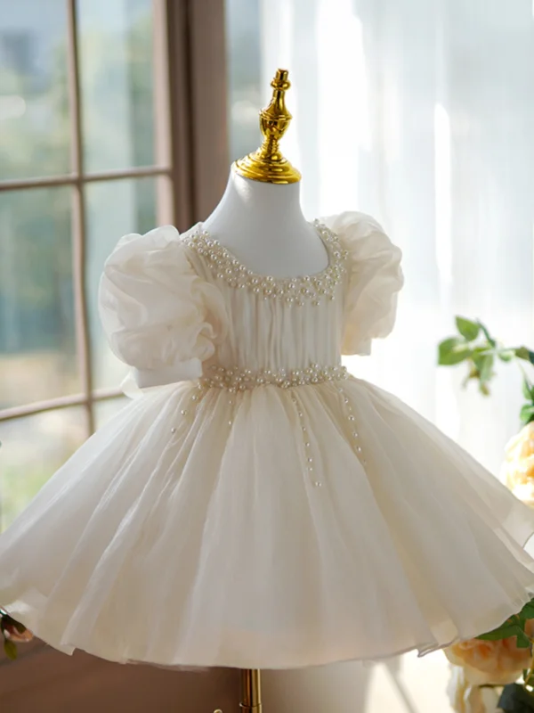 Chic / Beautiful Champagne Pearl Birthday Short Flower Girl Dresses 2024 Ball Gown Scoop Neck Puffy Short Sleeve Bow