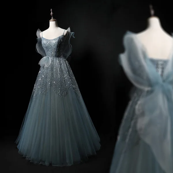 Bling Bling Sky Blue Beading Pearl Sequins Prom Dresses 2024 A-Line / Princess Spaghetti Straps Sleeveless Backless Bow Floor-Length / Long Prom Formal Dresses