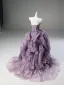 Luxury / Gorgeous Fashion Purple Pearl Lace Flower Appliques Ruffle Prom Dresses 2026 Ball Gown Strapless Sleeveless Backless Sweep Train