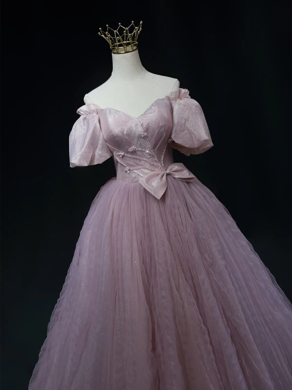 Chic / Beautiful Lilac Beading Bow Pleated Prom Dresses 2023 A-Line / Princess Off-The-Shoulder Short Sleeve Backless Floor-Length / Long Prom Formal Dresses