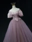 Chic / Beautiful Lilac Beading Bow Pleated Prom Dresses 2023 A-Line / Princess Off-The-Shoulder Short Sleeve Backless Floor-Length / Long Prom Formal Dresses