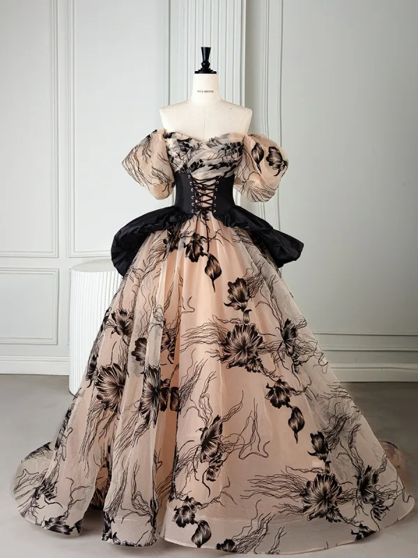 Fashion Champagne Embroidered Prom Dresses 2025 Ball Gown Off-The-Shoulder Puffy Short Sleeve Backless Sweep Train Formal Dresses