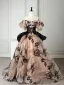 Fashion Champagne Embroidered Prom Dresses 2025 Ball Gown Off-The-Shoulder Puffy Short Sleeve Backless Sweep Train Formal Dresses