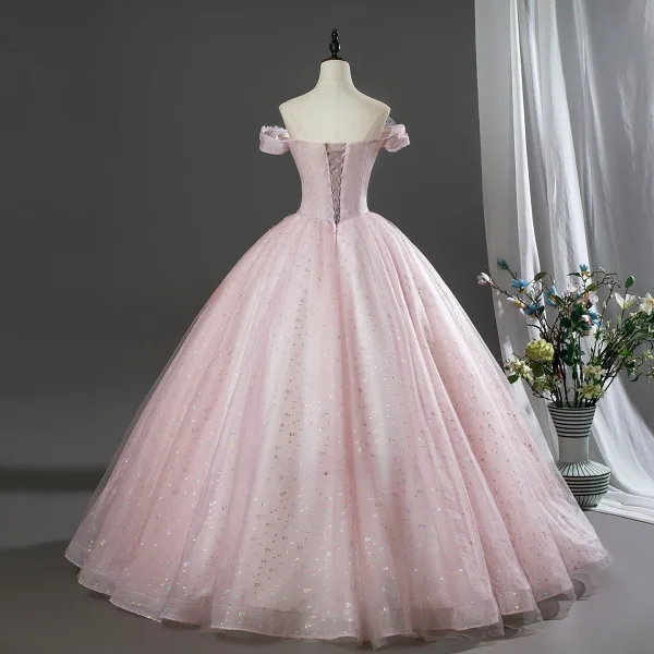 Lovely Blushing Pink Beading Sequins Lace Flower Appliques Prom Dresses 2026 Ball Gown Off-The-Shoulder Short Sleeve Backless