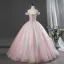 Lovely Blushing Pink Beading Sequins Lace Flower Appliques Prom Dresses 2026 Ball Gown Off-The-Shoulder Short Sleeve Backless