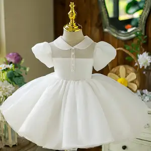 Simple Ivoire Anniversaire Robe Ceremonie Fille 2022 Robe Boule Col Haut Gonflée Manches Courtes Longue Robe Ceremonie Fille