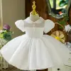 Modest / Simple Ivory Birthday Flower Girl Dresses 2022 Ball Gown High Neck Puffy Short Sleeve Floor-Length / Long Flower Girl Dresses