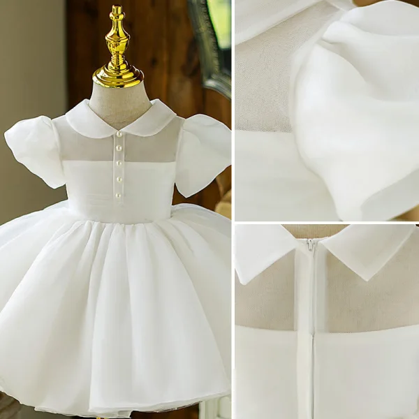 Modest / Simple Ivory Birthday Flower Girl Dresses 2022 Ball Gown High Neck Puffy Short Sleeve Floor-Length / Long Flower Girl Dresses