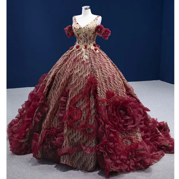 High-end Glitter Burgundy Sequins Appliques Prom Dresses 2022 Ball Gown V-Neck Short Sleeve Backless Court Train Formal Dresses