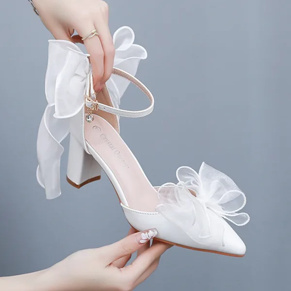 Fashion White Ankle Strap Bow Wedding Shoes 2025 7 cm Stiletto Heels Pointed Toe Wedding High Heels