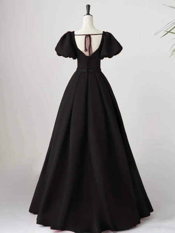 Chic / Beautiful Black Evening Dresses 2023 A-Line / Princess Square Neckline Puffy Short Sleeve Backless Sash Floor-Length / Long Evening Party Formal Dresses