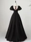 Chic / Beautiful Black Evening Dresses 2023 A-Line / Princess Square Neckline Puffy Short Sleeve Backless Sash Floor-Length / Long Evening Party Formal Dresses