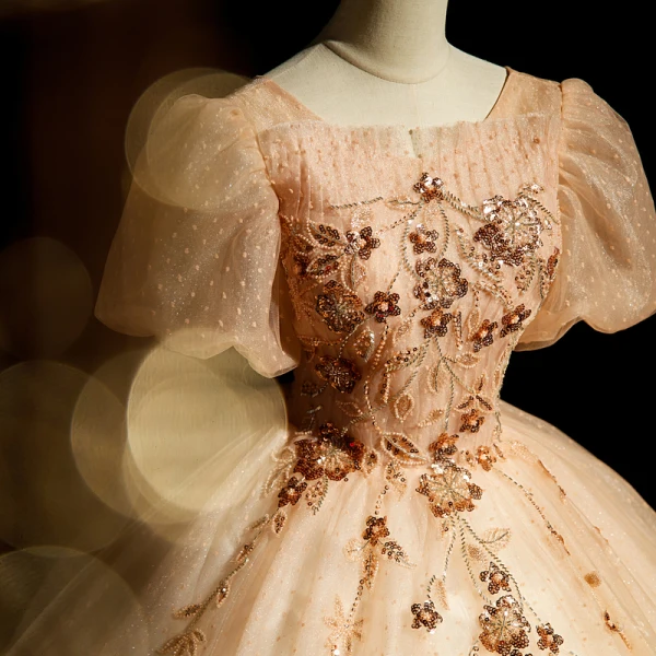 Elegant Champagne Beading Sequins Prom Dresses 2022 Ball Gown Scoop Neck Short Sleeve Backless Floor-Length / Long Prom Formal Dresses