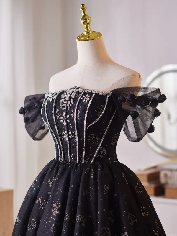 Charming Black Rhinestone Glitter Flower Short Evening Dresses 2025 Ball Gown Off-The-Shoulder Short Sleeve Backless Evening Party Formal Dresses