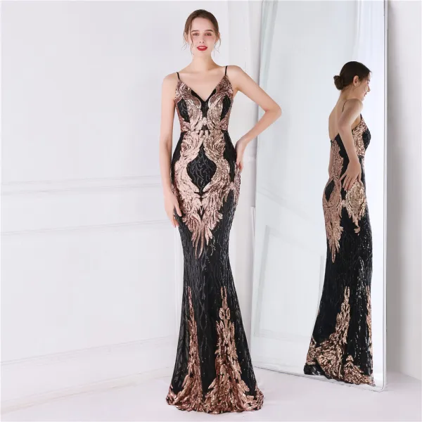 Charmant Doré Paillettes Robe De Soirée 2022 Trompette / Sirène Bretelles Spaghetti Sans Manches Dos Nu Longue Soirée Robe De Ceremonie