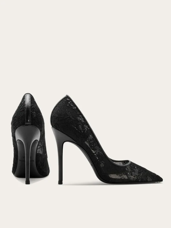 Charmant Schwarz Pailletten Spitze Blumen Abend Pumps 2025 10 cm Stilettos Spitzschuh Pumps Hochhackige