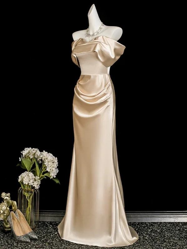 Charming Champagne Evening Dresses 2026 Trumpet / Mermaid Off-The-Shoulder Short Sleeve Backless Floor-Length / Long Formal Dresses