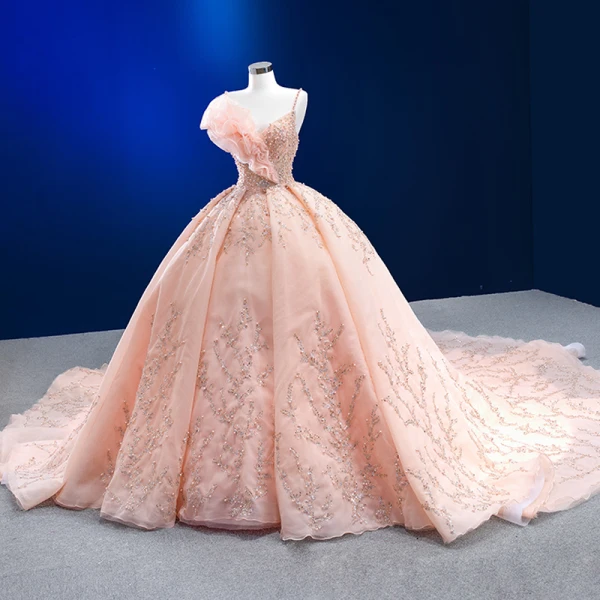 Luxury / Gorgeous Blushing Pink Beading Pearl Sequins Wedding Dresses 2023 Ball Gown Ruffle Spaghetti Straps Sleeveless Backless Royal Train Wedding