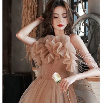 Charmant Rougissant Rose Robe De Soirée 2022 Princesse Bretelles Spaghetti Volants Sans Manches Dos Nu Perlage Longue Soirée Robe De Ceremonie