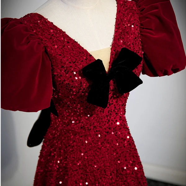 Bling Bling Burgundy Sequins Evening Dresses 2023 A-Line / Princess V-Neck Bow Short Sleeve Backless Floor-Length / Long Evening Party Formal Dresses